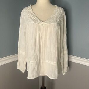 Rachel Zoe Peasant Blouse Embroidered Bohemian Top Long Sleeve‎ White S
